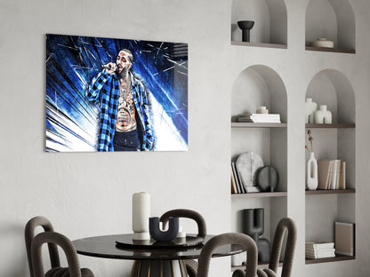 Blue Burst Plaid Shirt Rapper Glass Wall Art