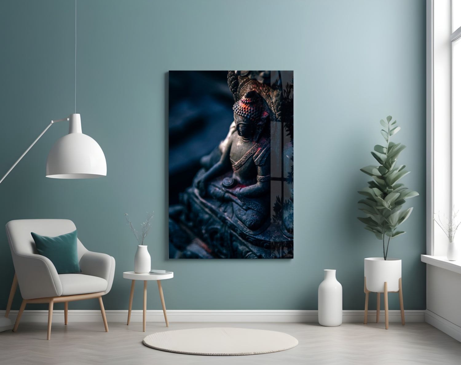 Moody Blue Deity Statue Glass Wall Art