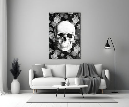 Monochrome Rose Garden Skull Glass Wall Art