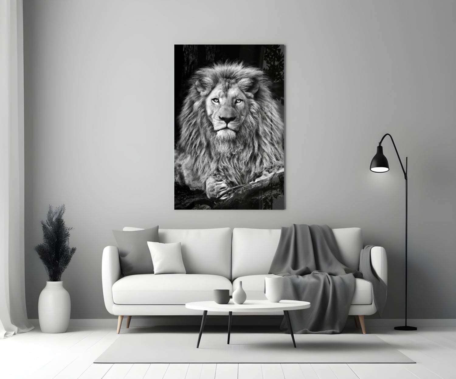 Regal Resting Lion Monochrome Glass Wall Art