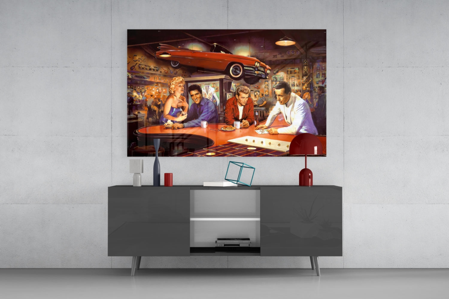 Red Convertible Retro Diner Icons Glass Wall Art