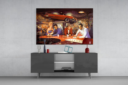 Red Convertible Retro Diner Icons Glass Wall Art