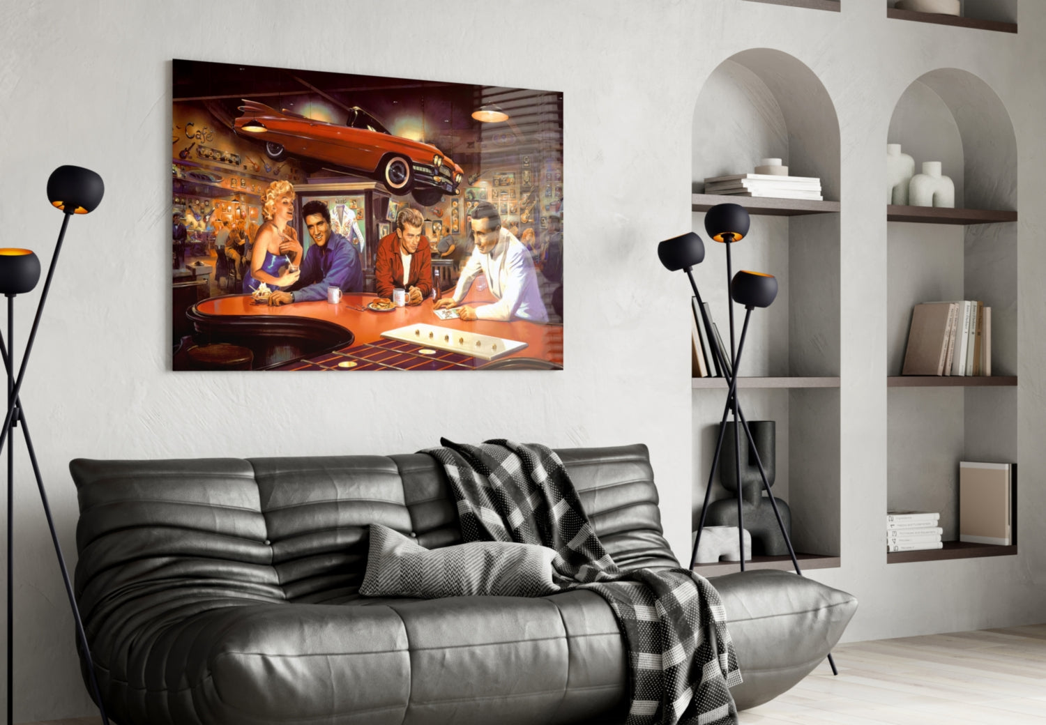 Red Convertible Retro Diner Icons Glass Wall Art
