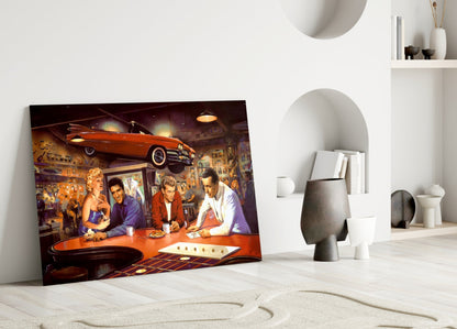 Red Convertible Retro Diner Icons Glass Wall Art