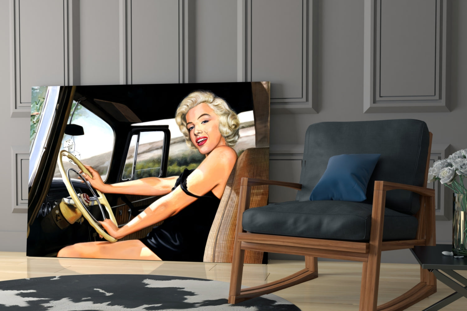 Vintage Blonde Driving Car Glass Wall Art