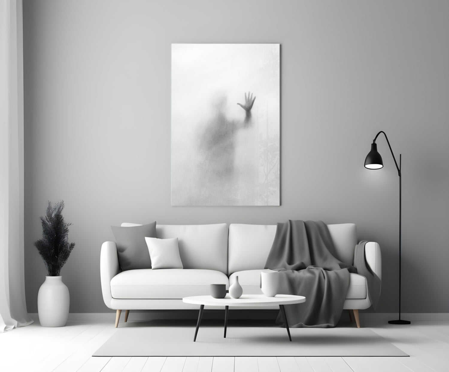Vertical Blurred Figure Raised Palm Glass Wall Art