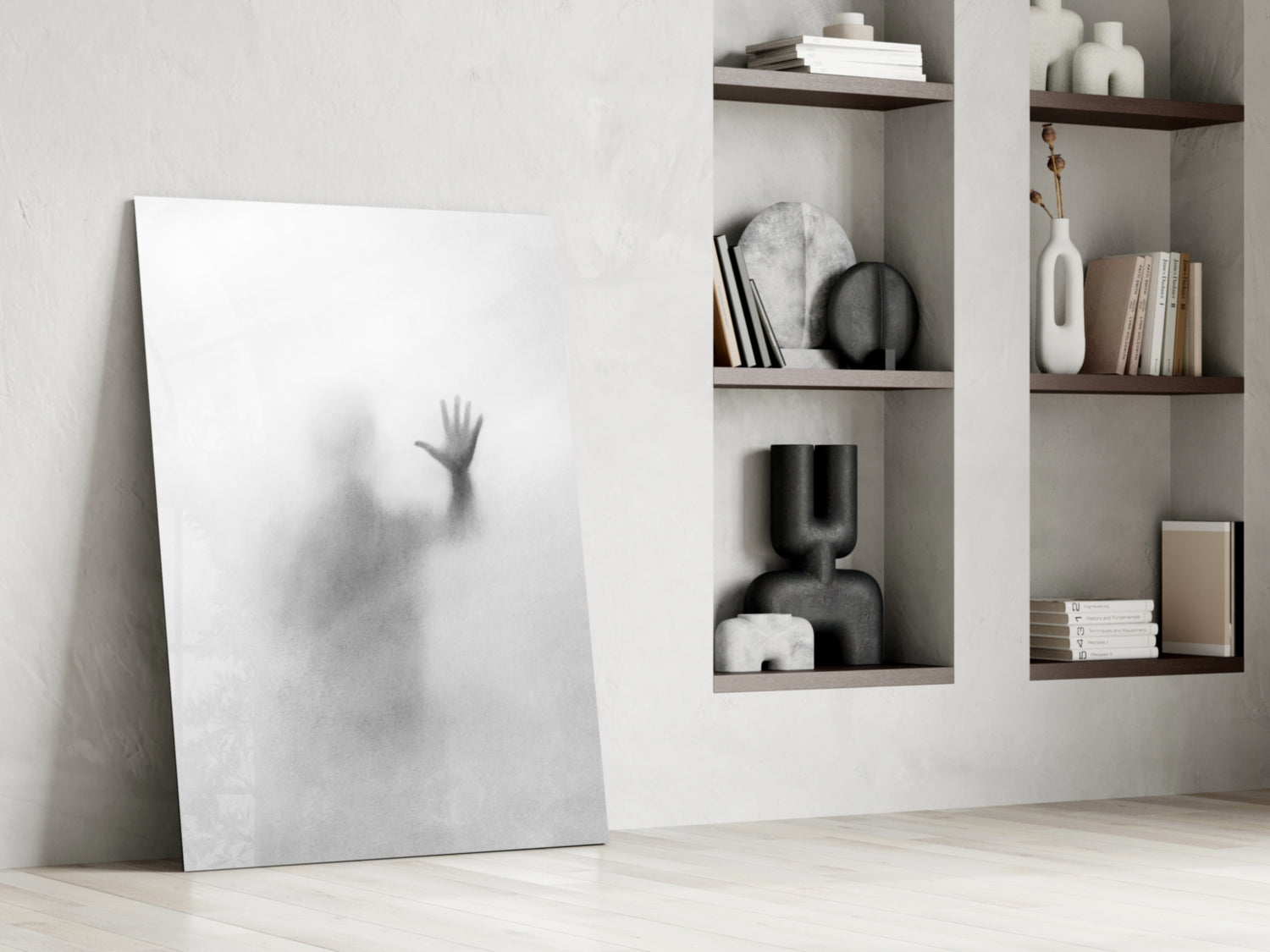 Vertical Blurred Figure Raised Palm Glass Wall Art
