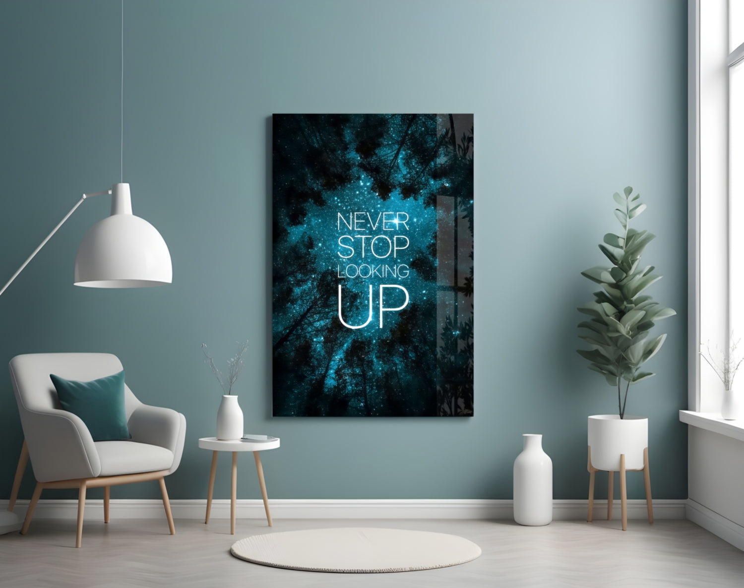 Never Stop Looking Up Teal Night Sky Glass Wall Art