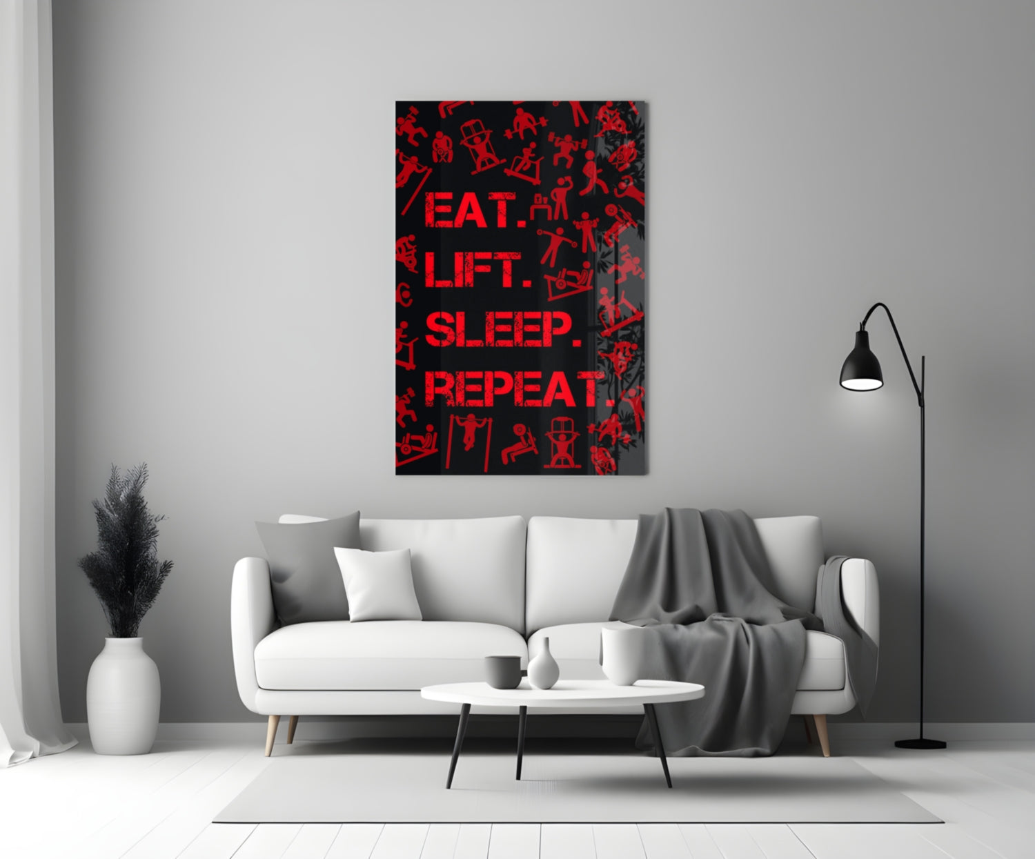 Red Gym Icons Eat Lift Sleep Repeat Glass Wall Art