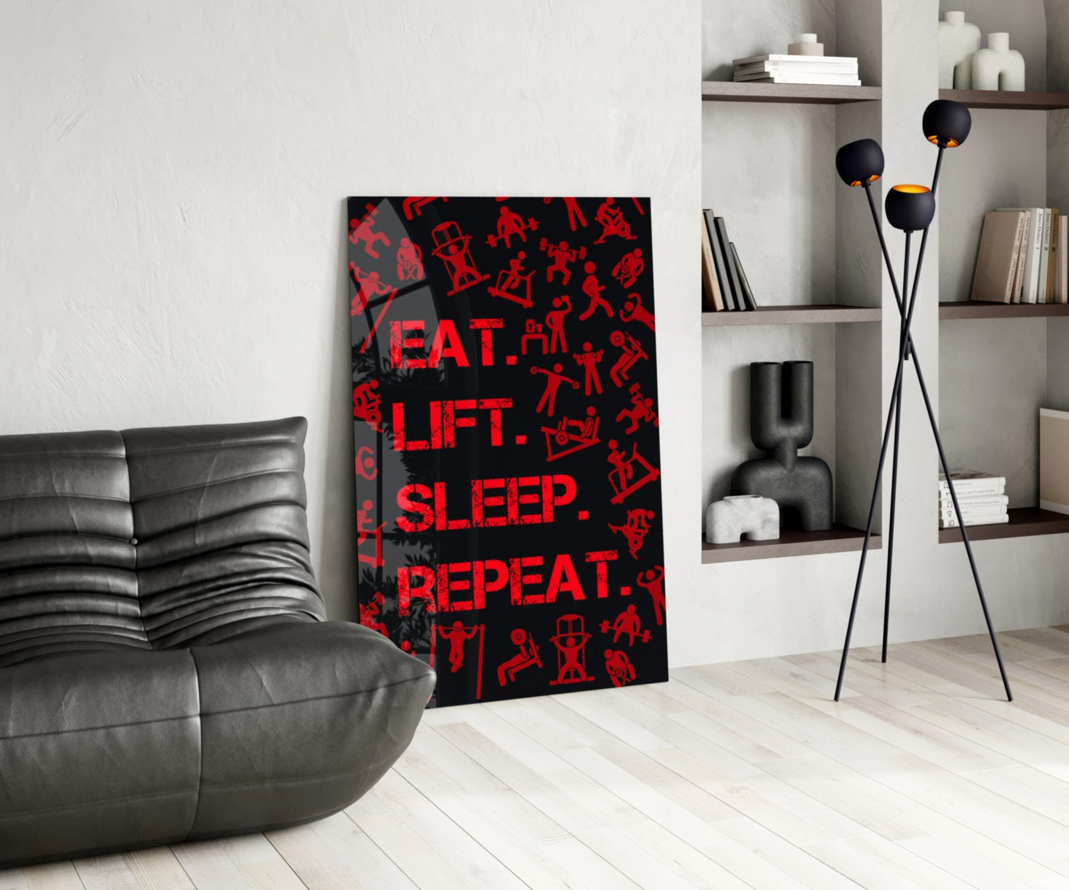 Red Gym Icons Eat Lift Sleep Repeat Glass Wall Art