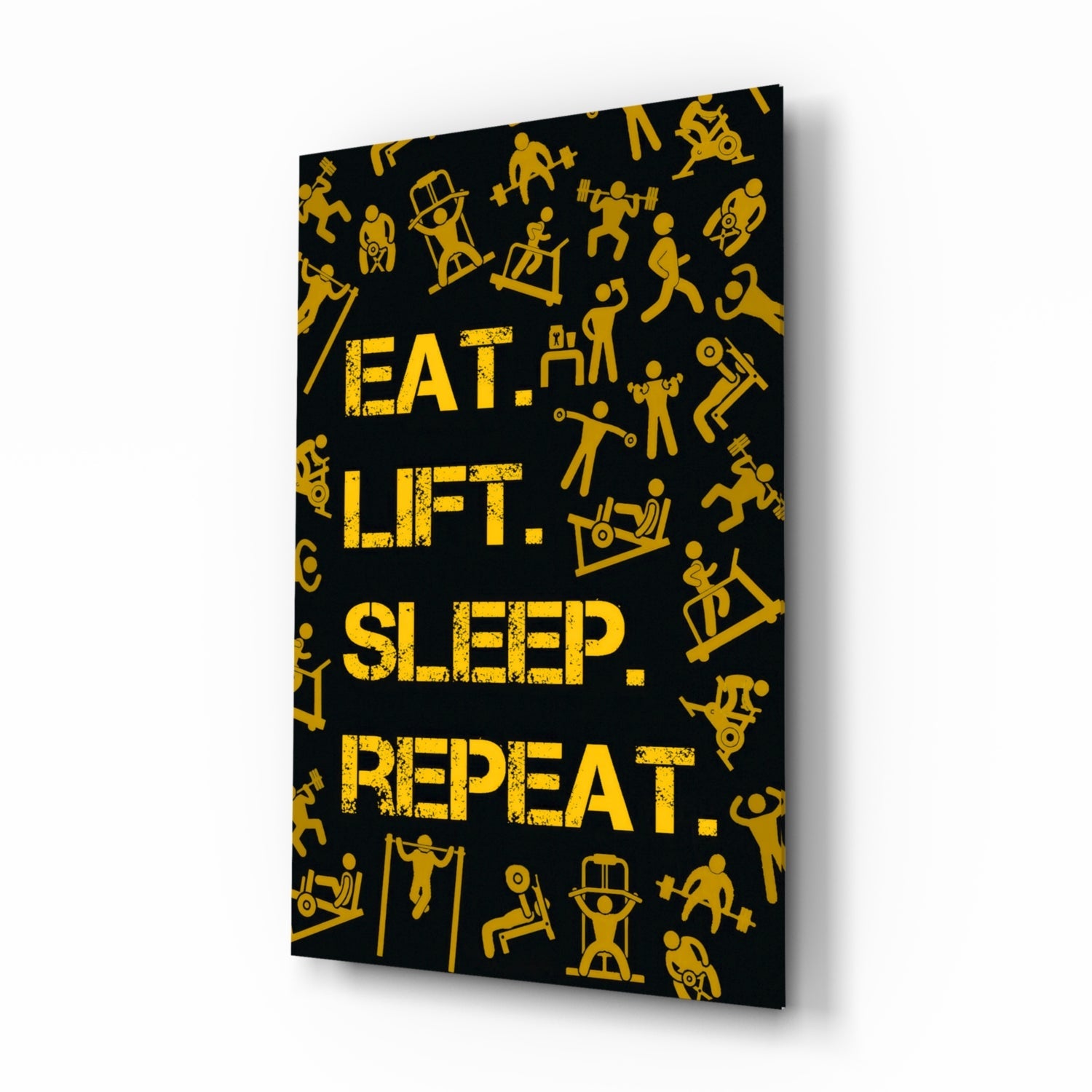 Golden Yellow Fitness Symbols Slogan Glass Wall Art
