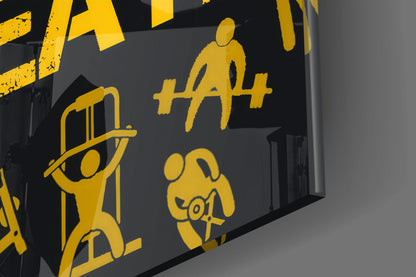 Golden Yellow Fitness Symbols Slogan Glass Wall Art