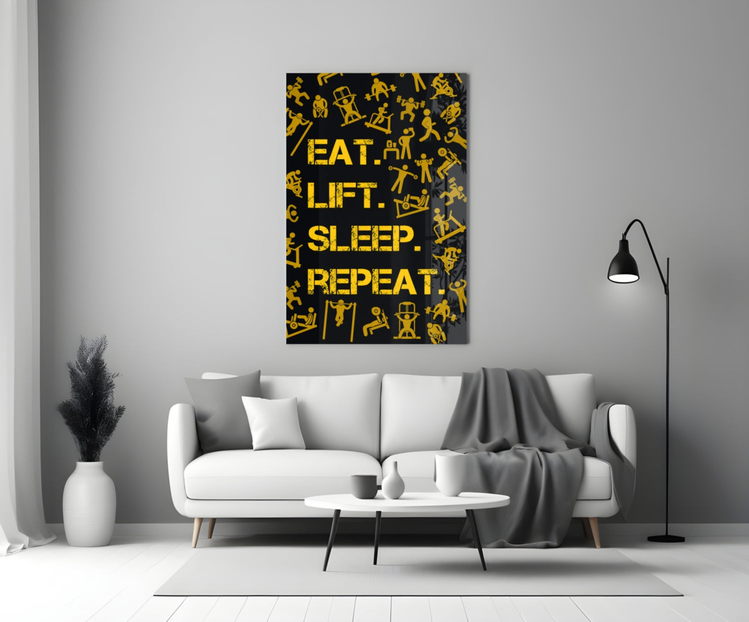 Golden Yellow Fitness Symbols Slogan Glass Wall Art