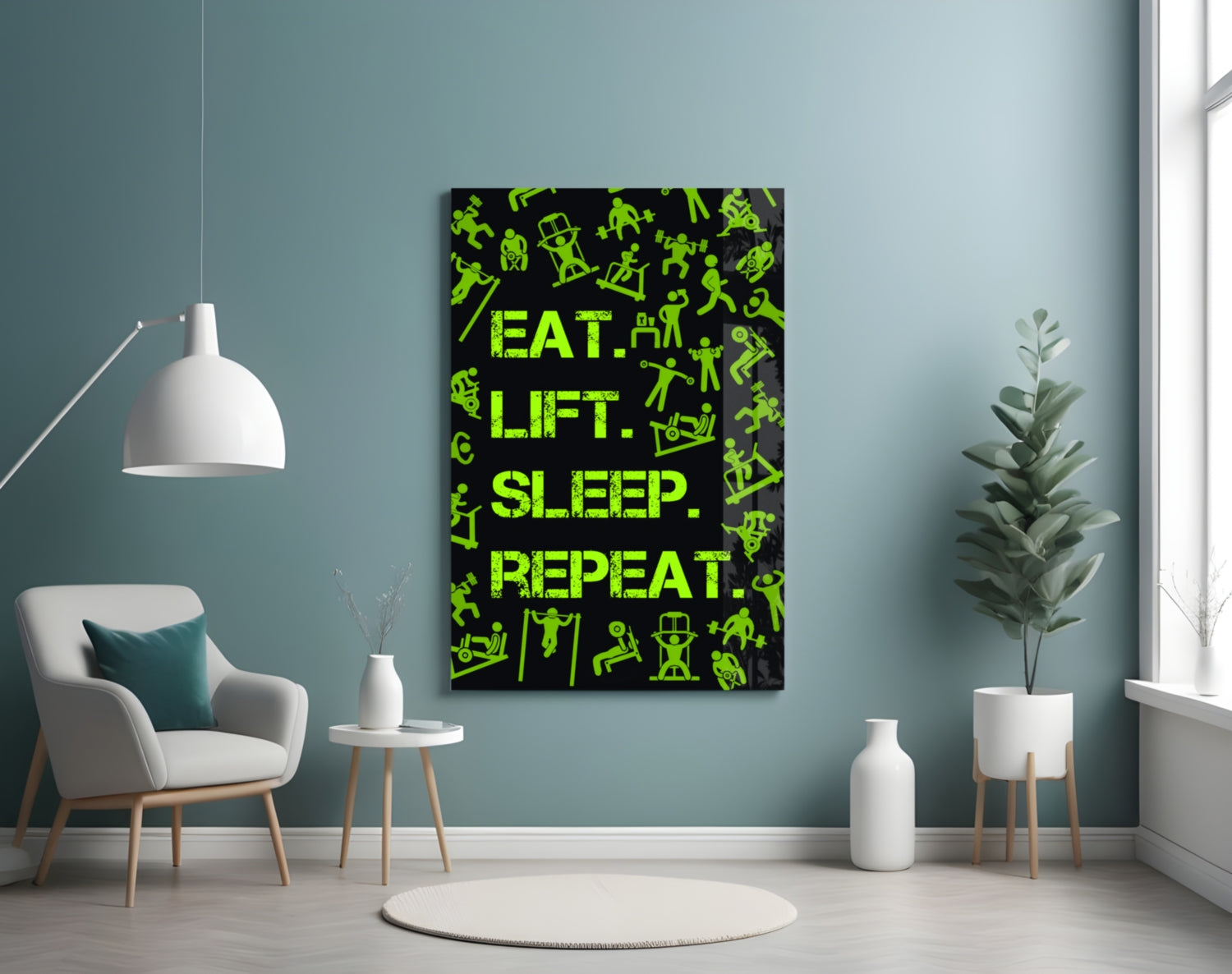 Neon Green Training Icons Gym Quote Glass Wall Art