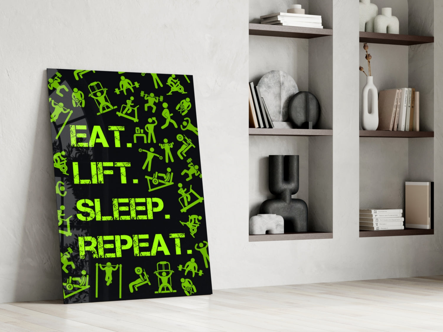 Neon Green Training Icons Gym Quote Glass Wall Art