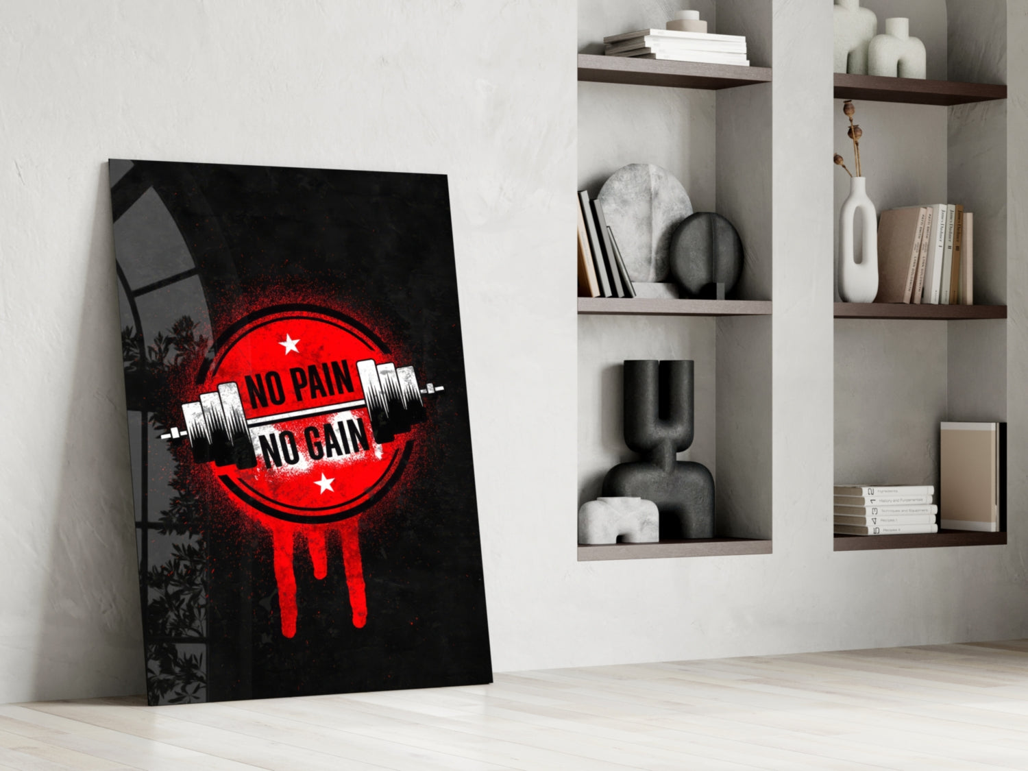 Red Circle Dumbbell Stencil Quote Glass Wall Art