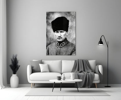 Ataturk Monochrome Uniform Bust Glass Wall Art