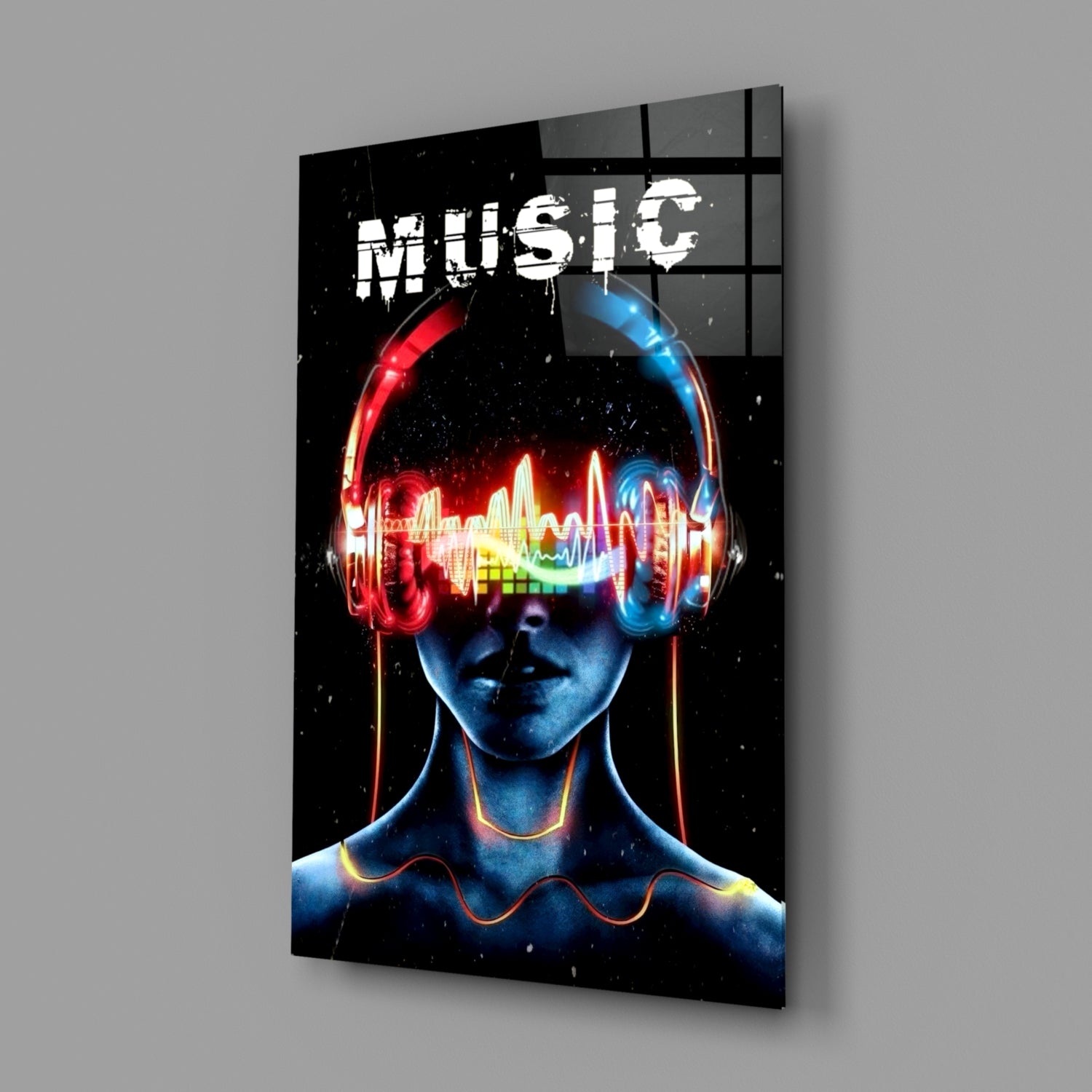 Neon Headphones Face With Sound Wave Glass Wall Art