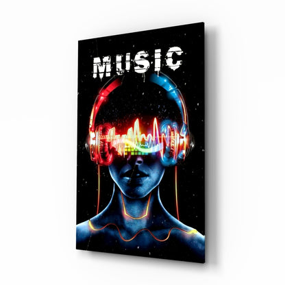 Neon Headphones Face With Sound Wave Glass Wall Art