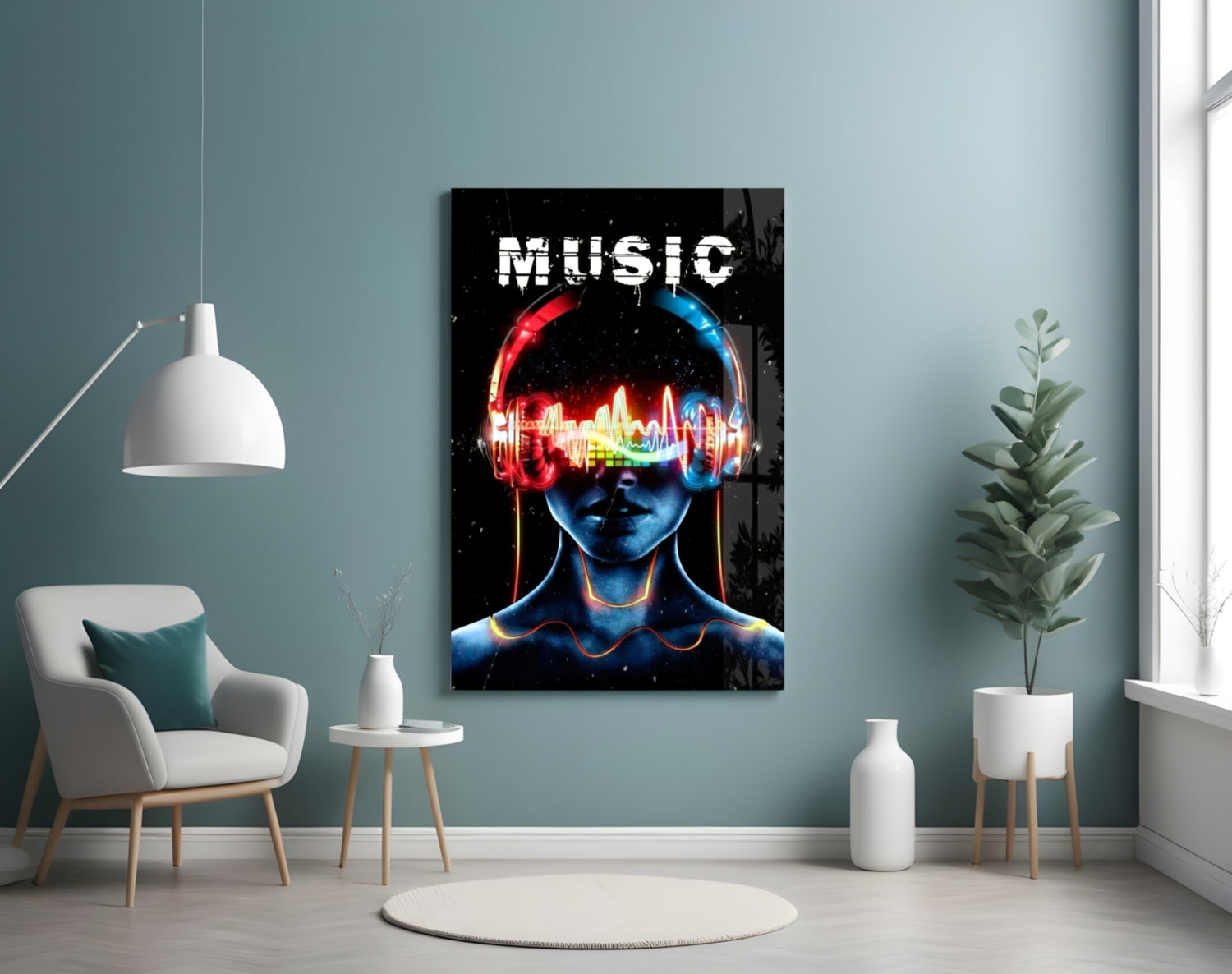 Neon Headphones Face With Sound Wave Glass Wall Art
