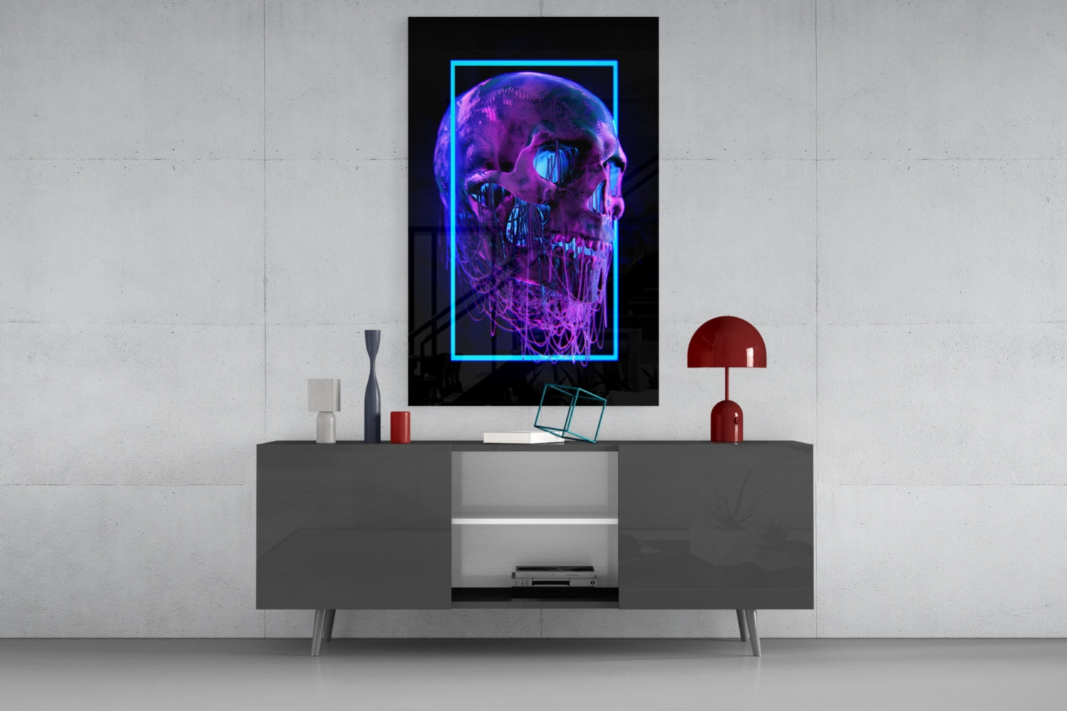 Neon Frame Dripping Skull Glass Wall Art