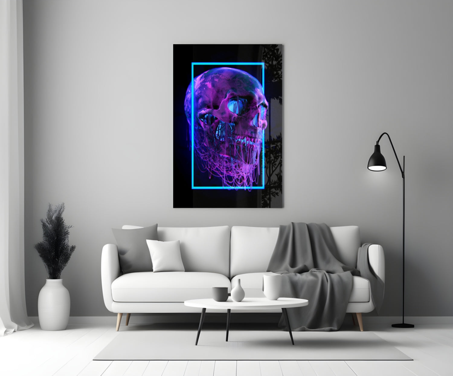Neon Frame Dripping Skull Glass Wall Art