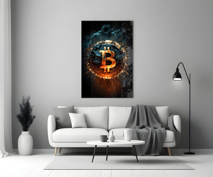 Fiery Cracked Bitcoin Blast Glass Wall Art