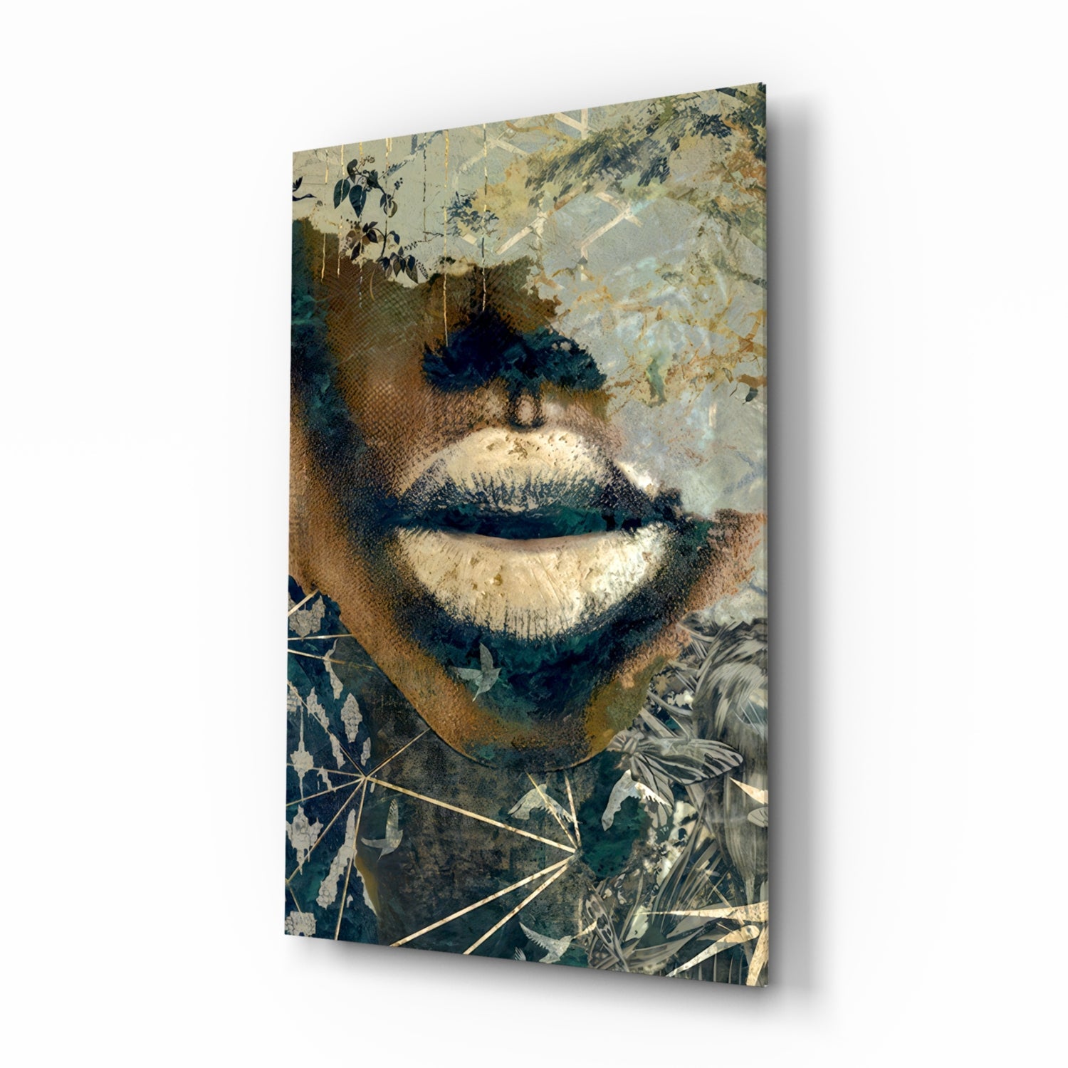 Golden Lips Botanical Collage Glass Wall Art