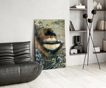 Golden Lips Botanical Collage Glass Wall Art