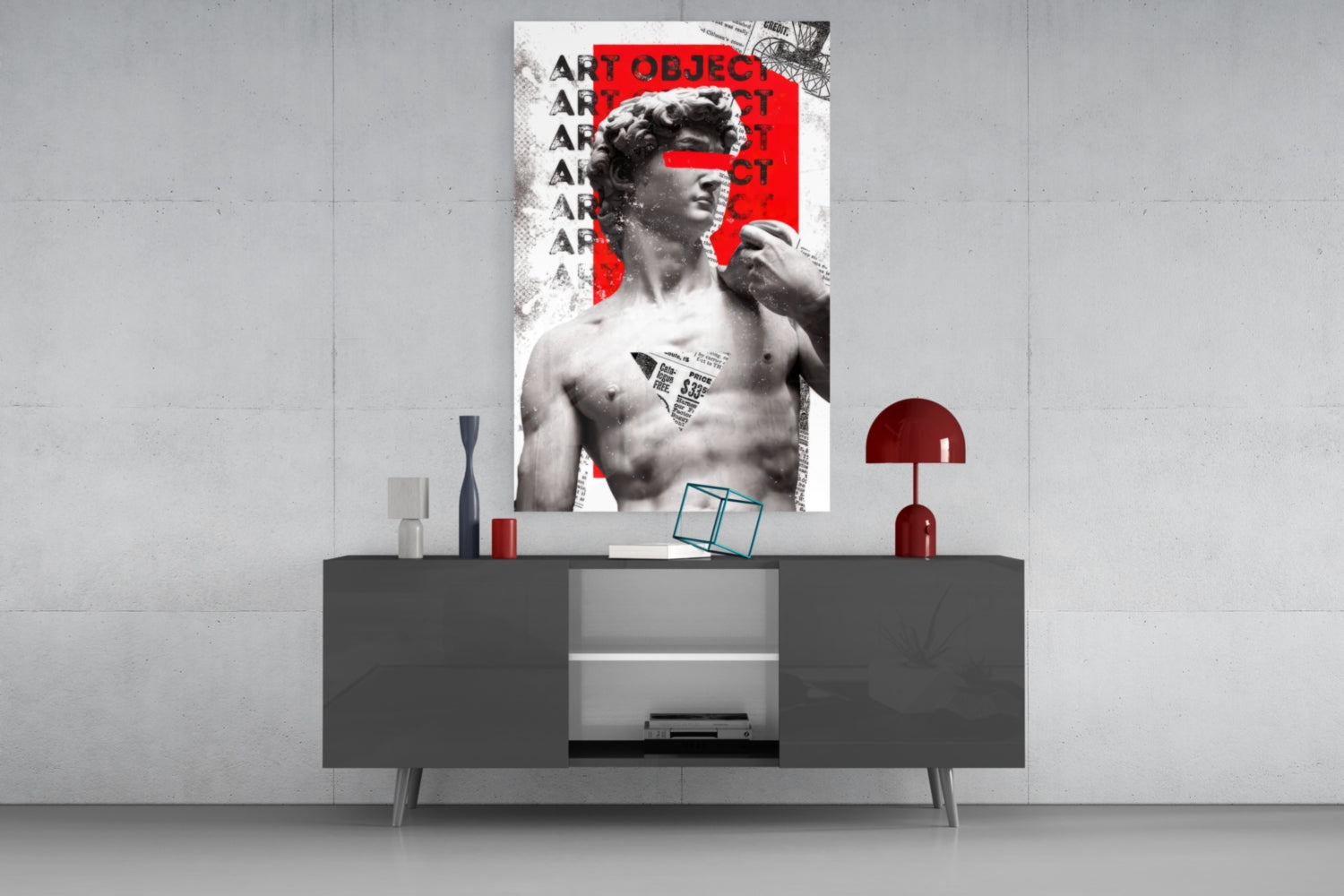 Marble Statue Collage Red Block Glass Wall Art