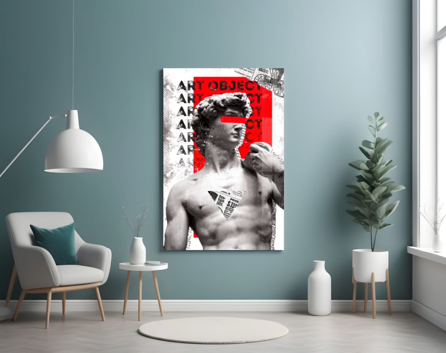 Marble Statue Collage Red Block Glass Wall Art