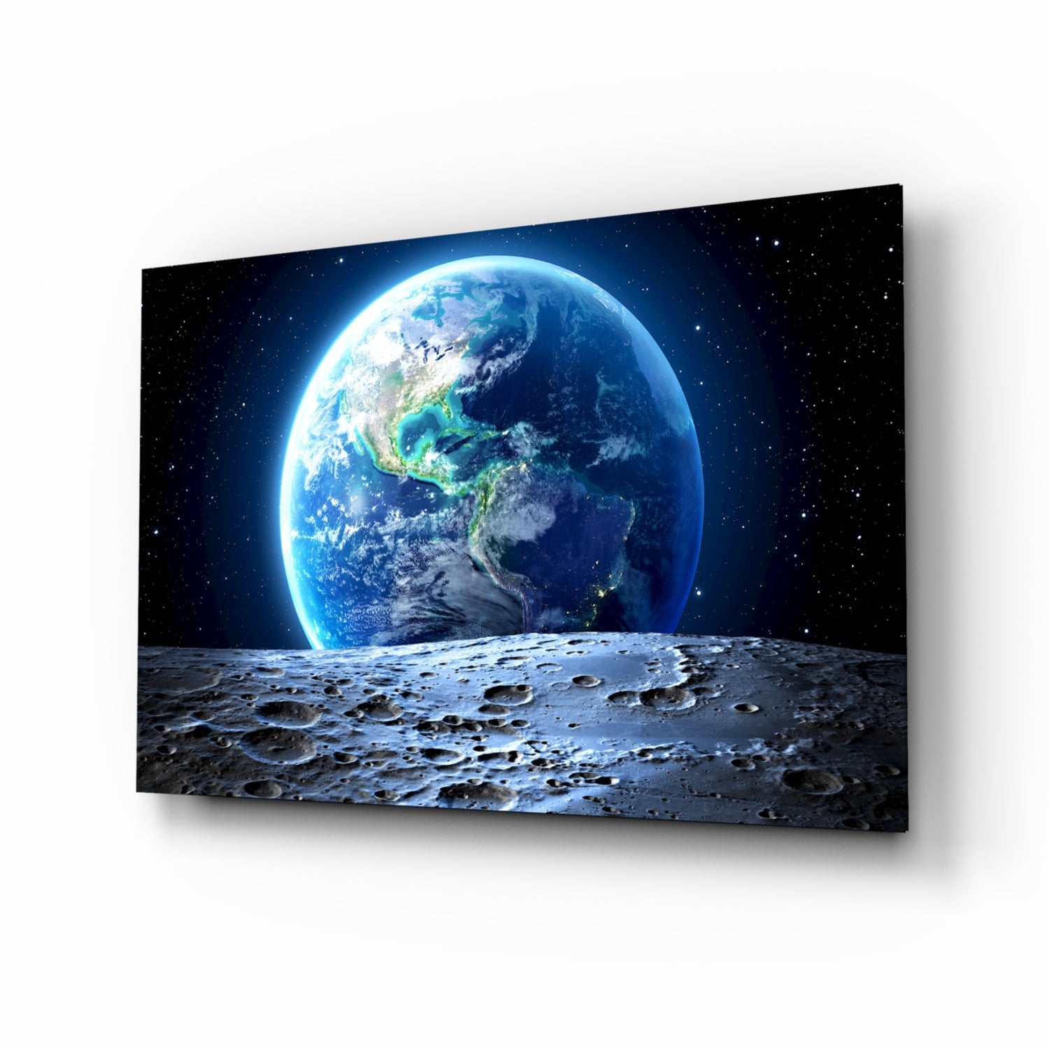Earth Rise Over Cratered Moon Surface Glass Wall Art