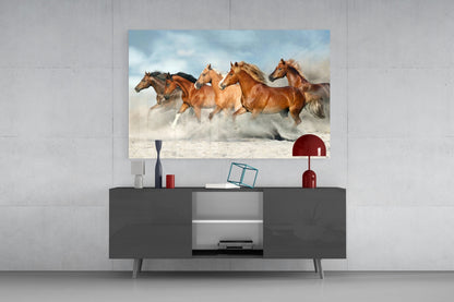 Chestnut Herd Running in Dust Glass Wall Art