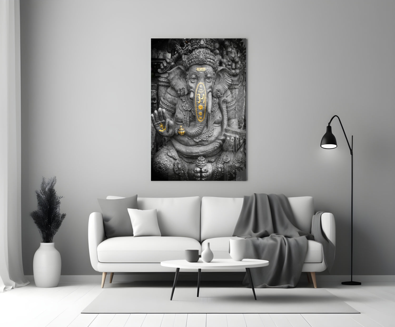 Gold Accented Stone Statue Ganesha Glass Wall Art