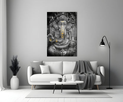Gold Accented Stone Statue Ganesha Glass Wall Art
