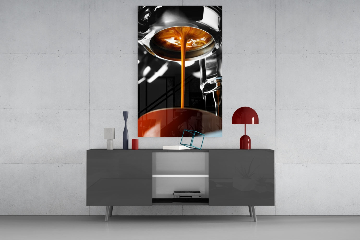 Espresso Pour From Portafilter Closeup Glass Wall Art