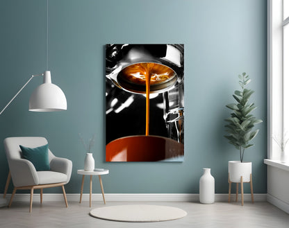 Espresso Pour From Portafilter Closeup Glass Wall Art