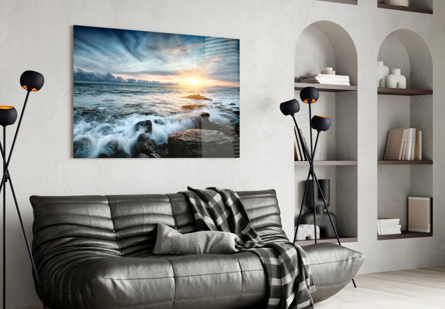 Sunrays Rocky Coast Waves Glass Wall Art