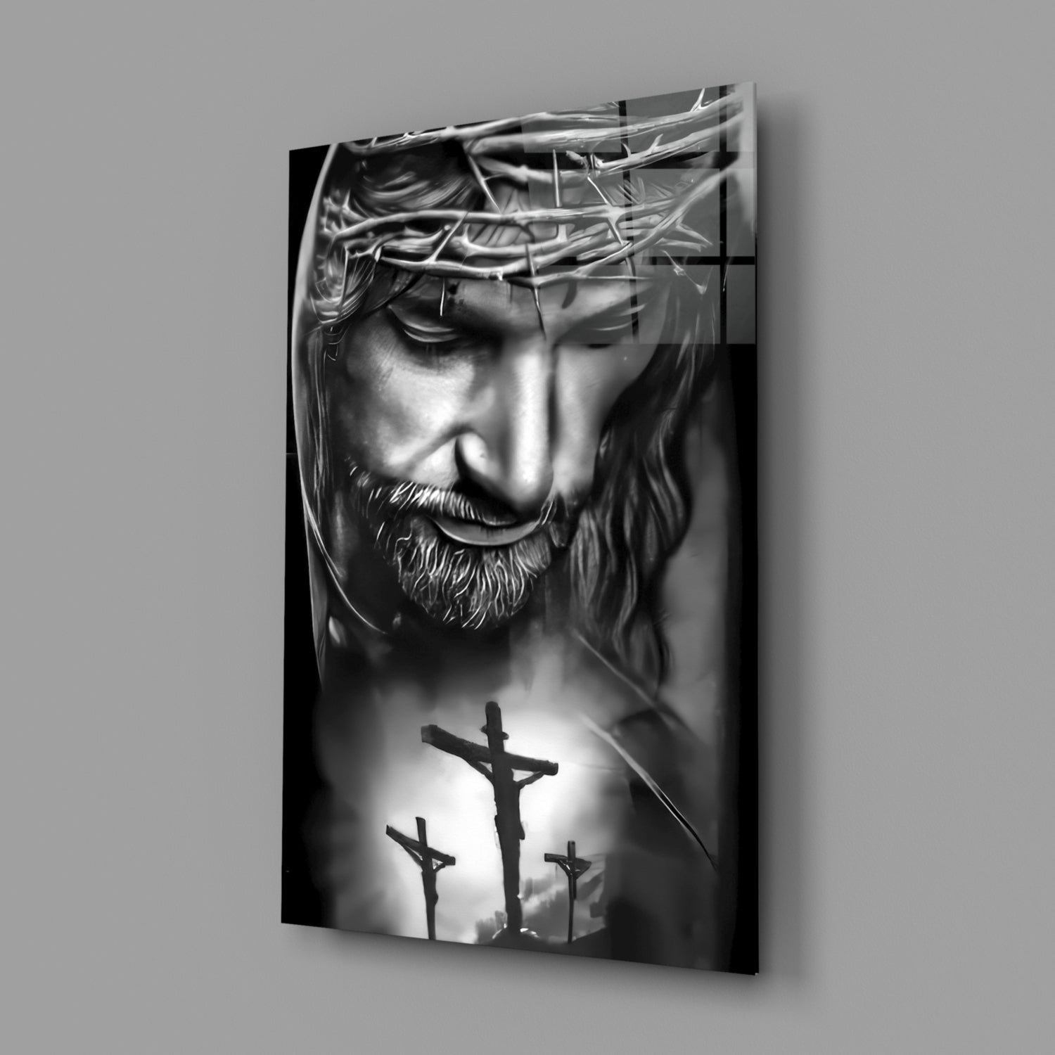 Black and White Crown of Thorns Jesus Glass Wall Art