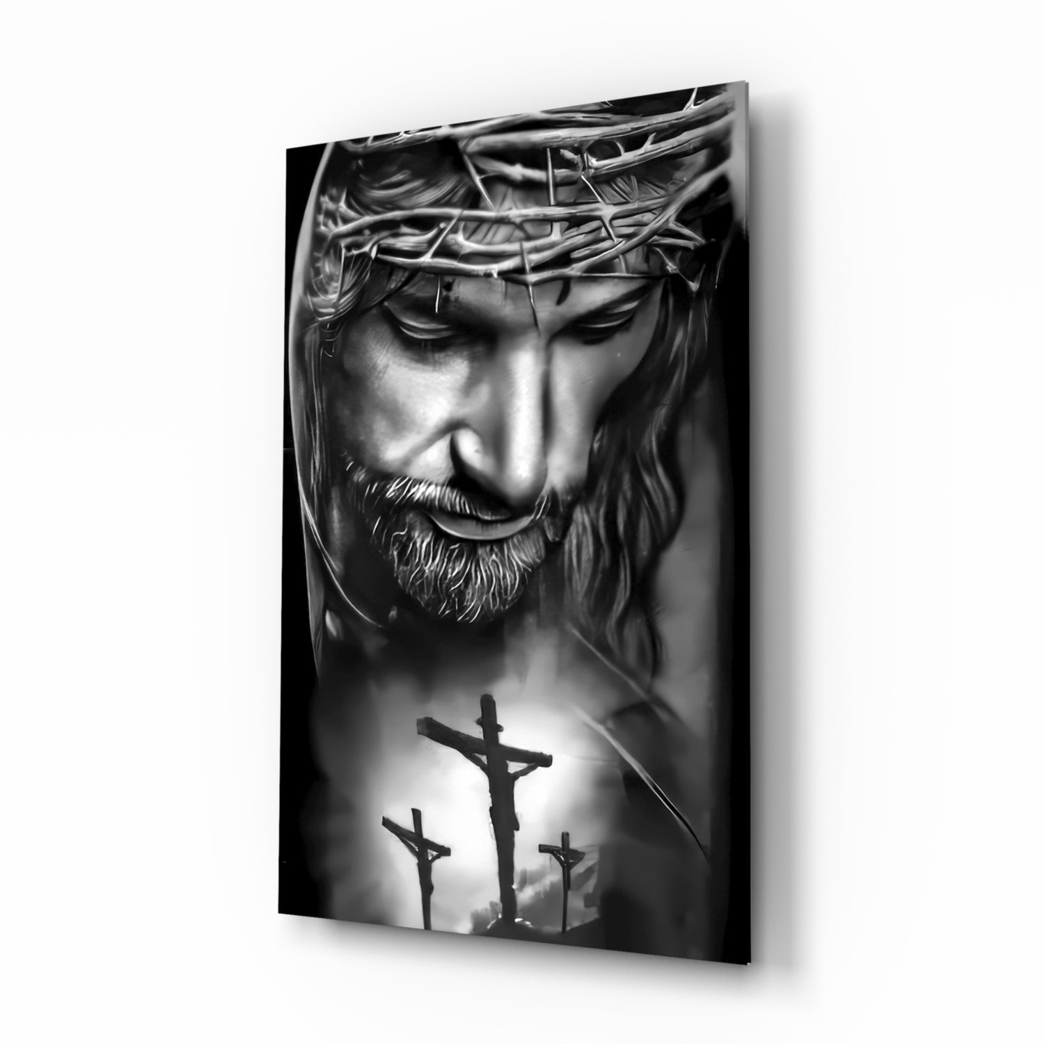 Black and White Crown of Thorns Jesus Glass Wall Art