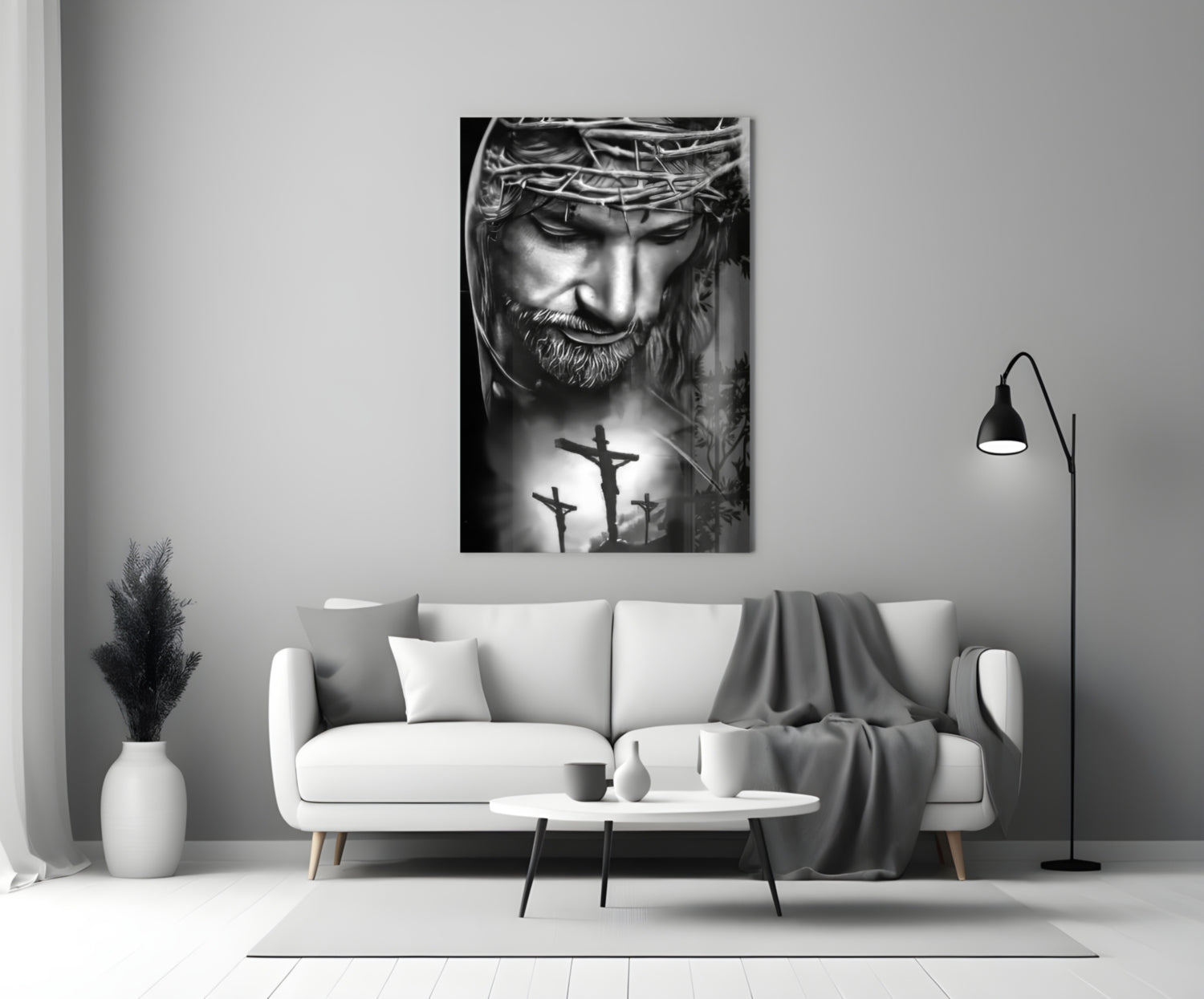 Black and White Crown of Thorns Jesus Glass Wall Art