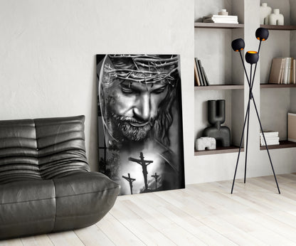 Black and White Crown of Thorns Jesus Glass Wall Art