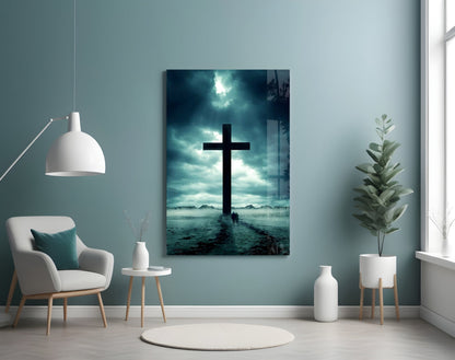 Stormy Desert Silhouette Cross Glass Wall Art