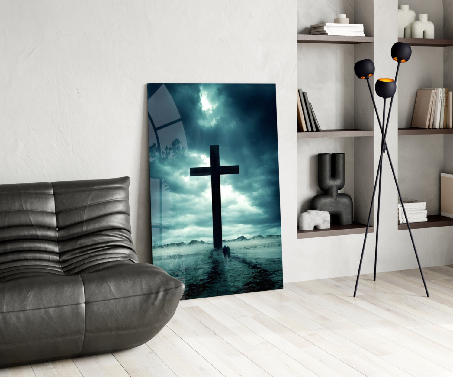 Stormy Desert Silhouette Cross Glass Wall Art