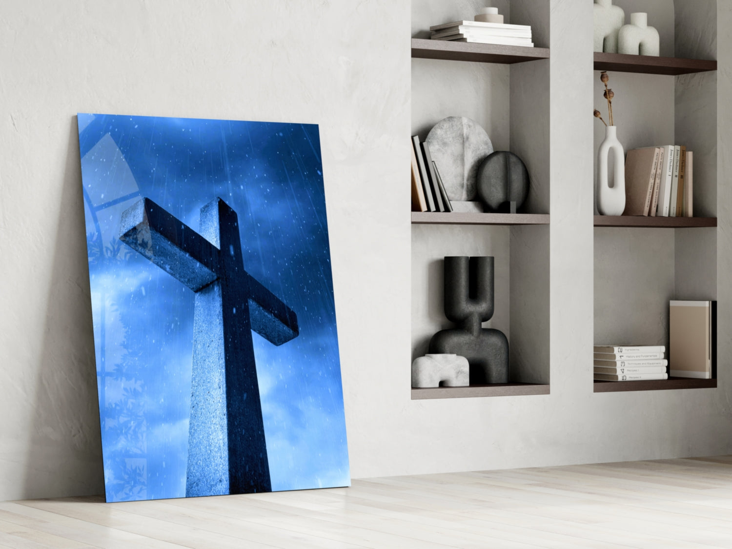 Blue Rain Stone Monument Cross Glass Wall Art