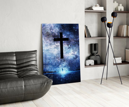 Starry Galaxy Sky Night Cross Glass Wall Art