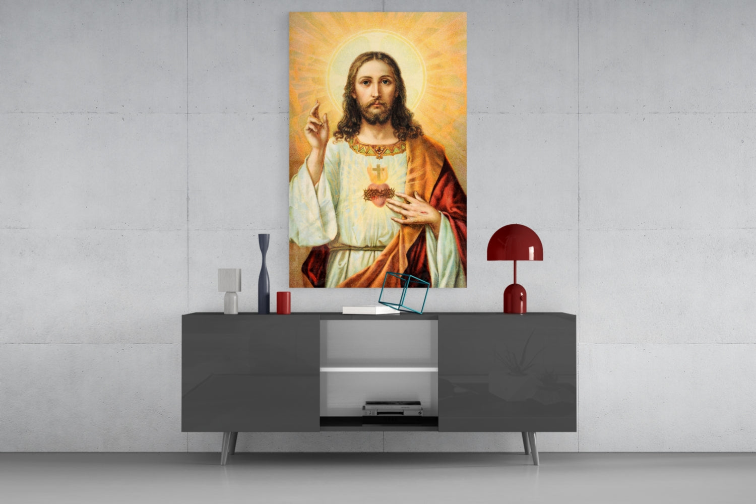 Vintage Sacred Heart Halo Jesus Glass Wall Art