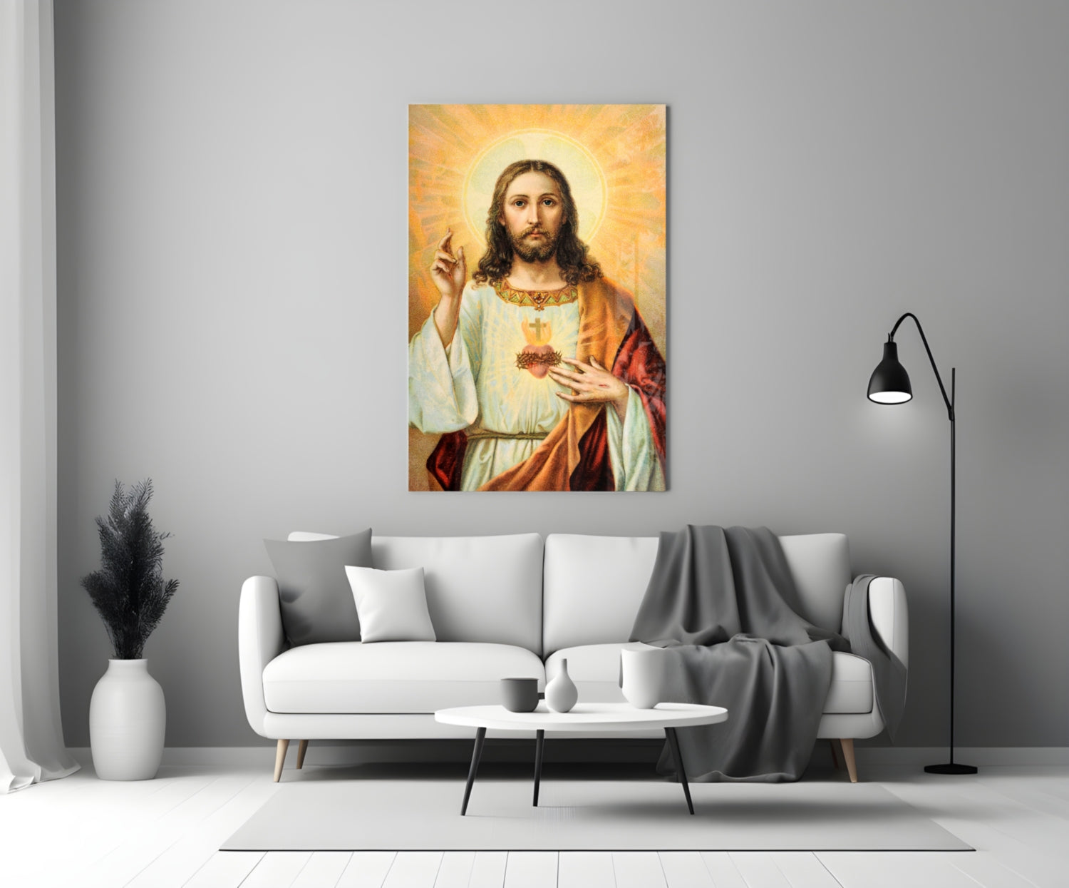 Vintage Sacred Heart Halo Jesus Glass Wall Art