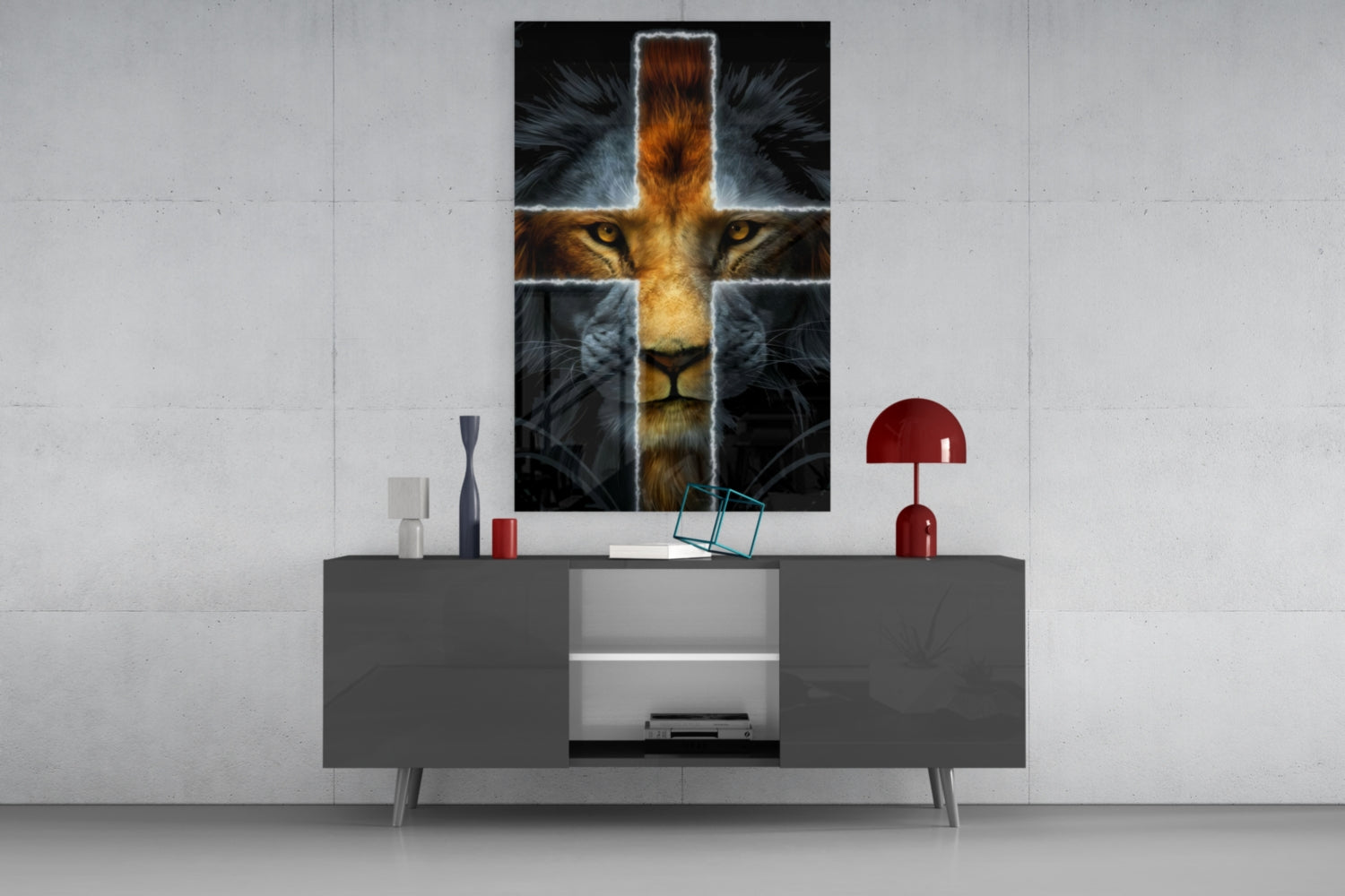 Glowing Cross Faith Lion Glass Wall Art