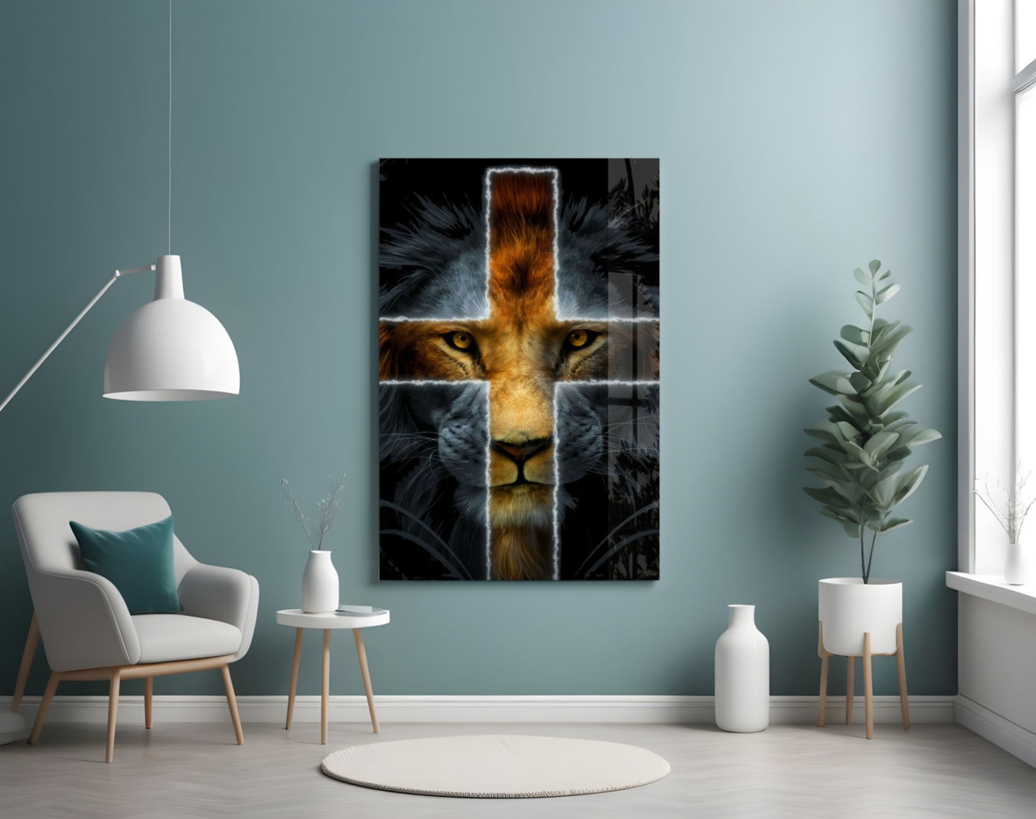 Glowing Cross Faith Lion Glass Wall Art